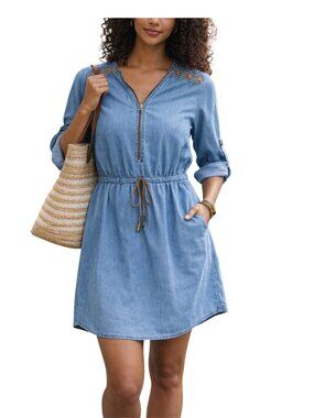 MPH Collection Chambray Zip Front Drawstring Waist Dress Cotton Casual Blue MP